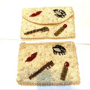 Vintage White Beaded Makeup Pouch & Wallet Gimbel